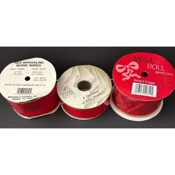 3 spools Red Wired Ribbon Assorted - Picture 2 of 3